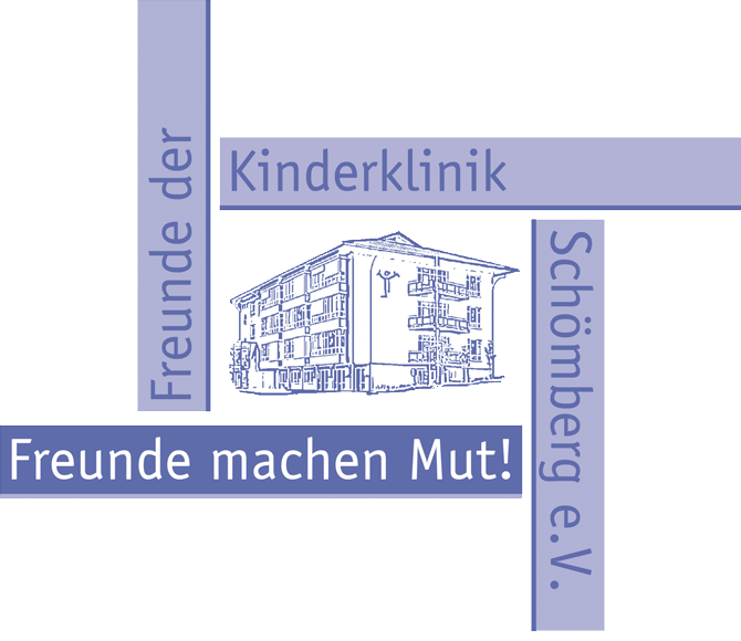 Logo: Das Logo der Fördervereins besteht aus vier blauen Balken, welche eine Zeichnung des Klinikgebäudes einrahmen. In den Balken steht Freunde der Kinderklinik Schömberg e.V. Freunde machen Mut